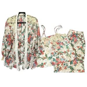 Vtg Victoria's Secret Gold Label 3pc Pajama Set Floral Satin Lace Pants Robe Y2K